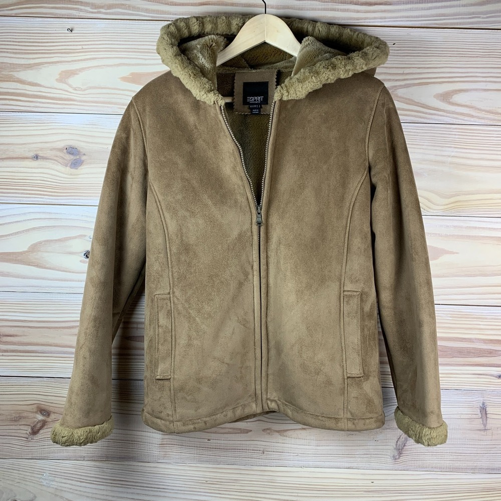 Vtg Esprit Jacket Women Small Brown‎ Faux Suede Shearling Hood Boho Chic